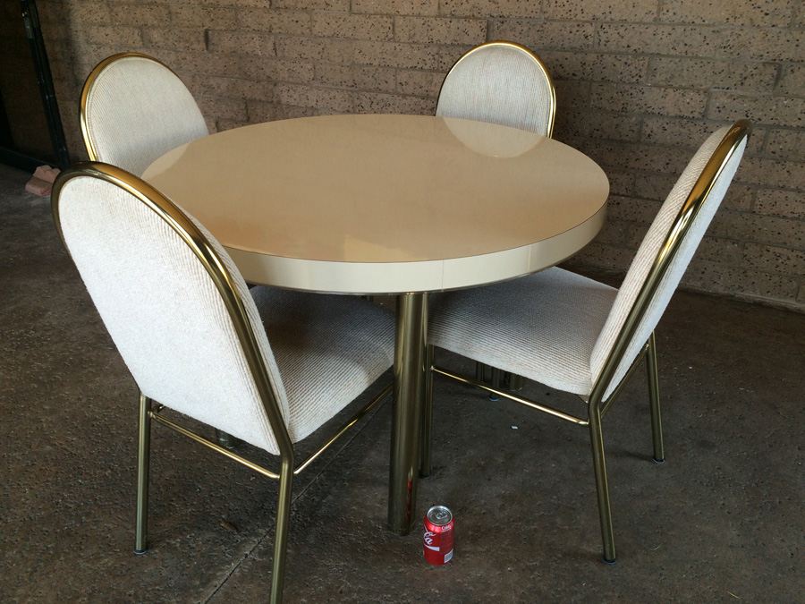 Round White Dining Table with 4 Chairs and Brass Accents [Photo 2]