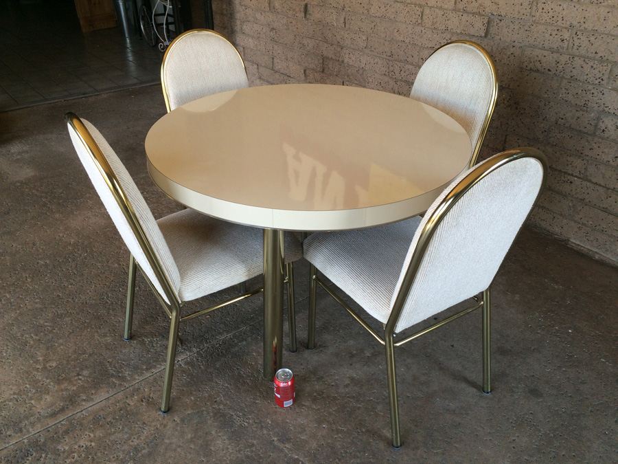 Round White Dining Table with 4 Chairs and Brass Accents [Photo 8]