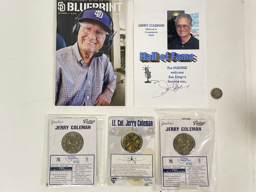 Hand Signed San Diego Padres Jerry Coleman Hall Of Fame Welcome To Cooperstown 2005 Card Plus (3) Jerry Coleman Padres Commemorative Coins Tokens [Photo 1]