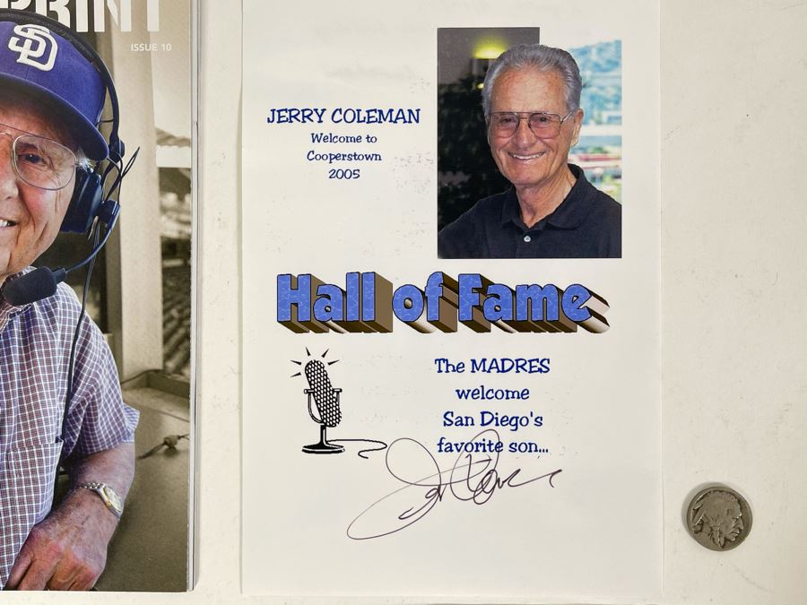 Hand Signed San Diego Padres Jerry Coleman Hall Of Fame Welcome To Cooperstown 2005 Card Plus (3) Jerry Coleman Padres Commemorative Coins Tokens [Photo 3]