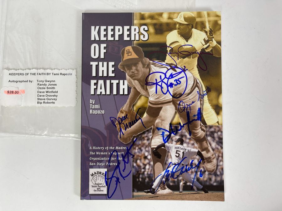 Hand Signed Autographs By: Tony Gwynn, Randy Jones, Ozzie Smith, Dave Winfield, Steve Garvey, Dave Draveky And Bip Roberts - Keepers Of The Faith - History Of The Madres Book