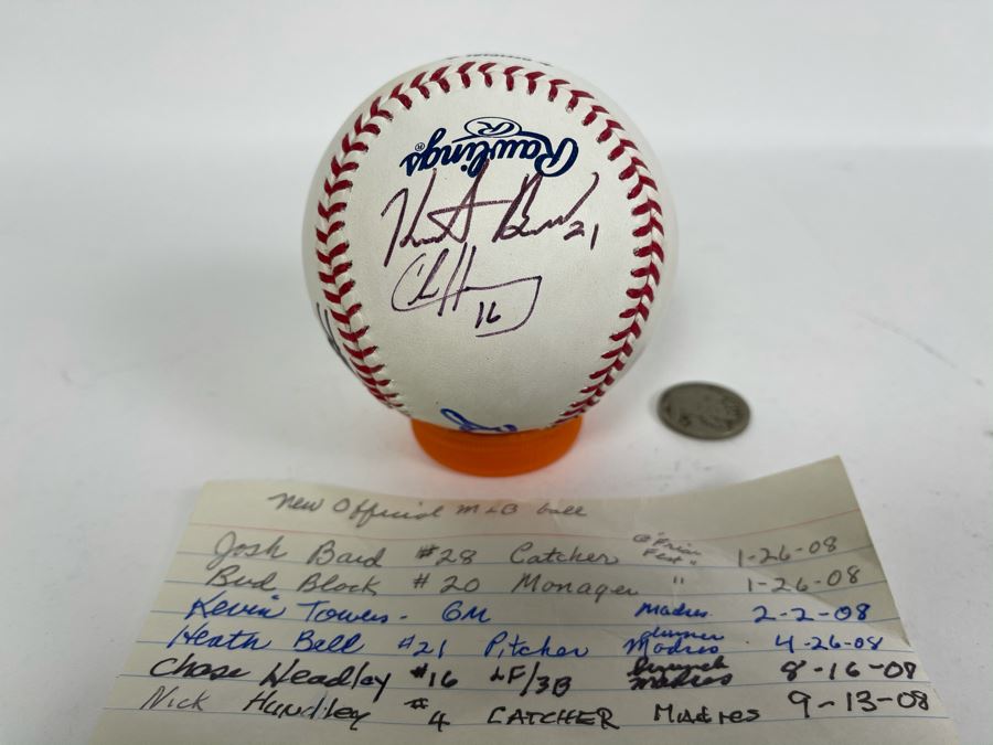 Signed San Diego Padres Baseball: Autographs Of Josh Bard, Bud Black, Kevin Towers, Heath Bell, Chase Headley, Nick Hundley [Photo 1]