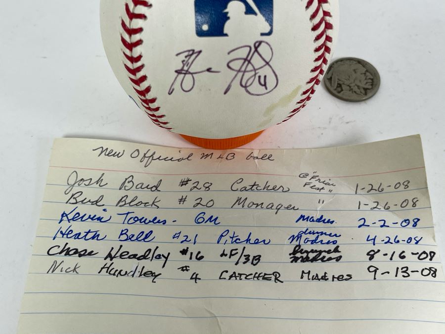 Signed San Diego Padres Baseball: Autographs Of Josh Bard, Bud Black, Kevin Towers, Heath Bell, Chase Headley, Nick Hundley [Photo 2]