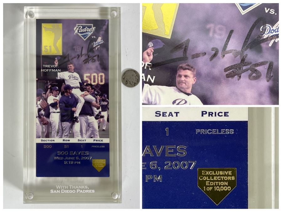 Trevor Hoffman Signed 500 Saves Commemorative Ticket In Acrylic Display Case 4 X 8 [Photo 1]