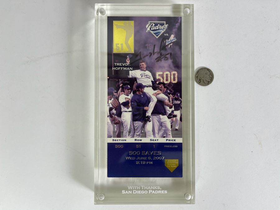 Trevor Hoffman Signed 500 Saves Commemorative Ticket In Acrylic Display Case 4 X 8 [Photo 2]