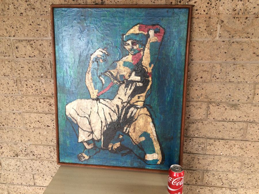 Mid-Century Original Oil Painting of Jester in Teak Frame