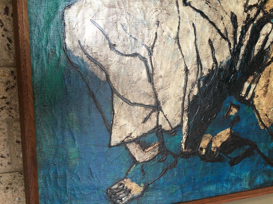 Mid-Century Original Oil Painting of Jester in Teak Frame [Photo 7]