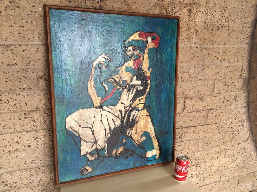 Mid-Century Original Oil Painting of Jester in Teak Frame [Photo 4]