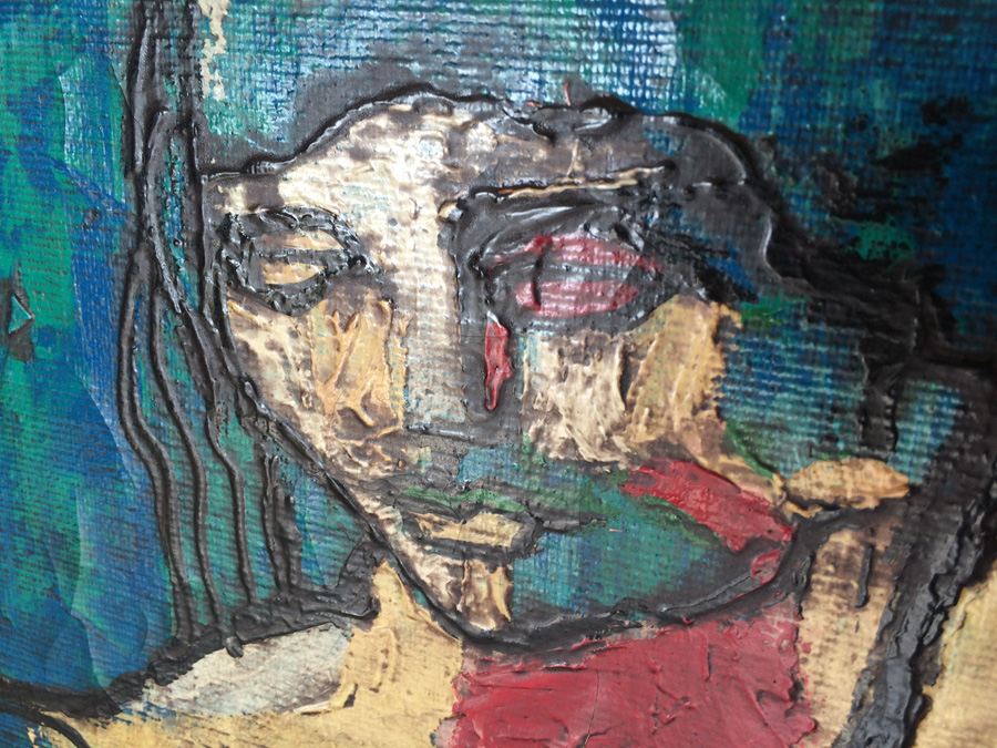 Mid-Century Original Oil Painting of Jester in Teak Frame [Photo 2]