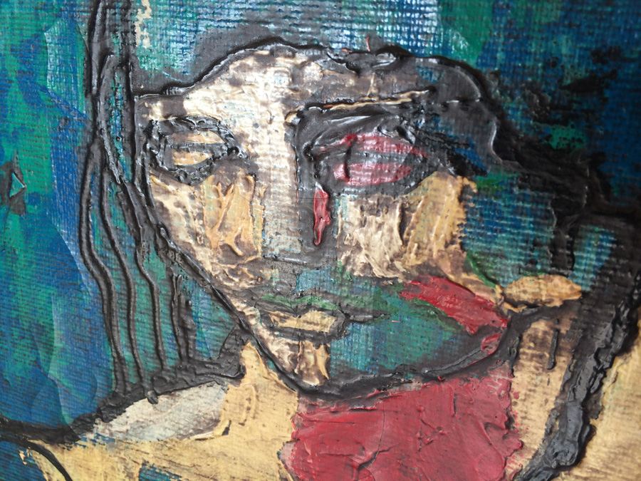 Mid-Century Original Oil Painting of Jester in Teak Frame [Photo 11]