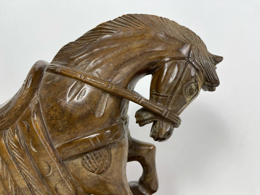 Signed Asian Carved Wooden Horse With Wooden Base 12W X 11H [Photo 5]