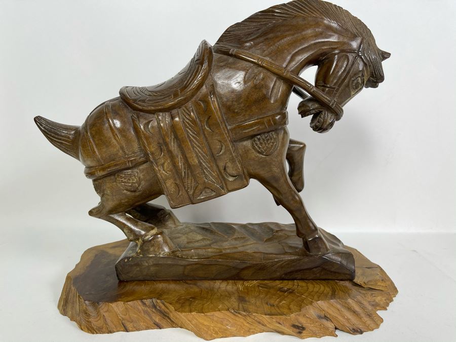 Signed Asian Carved Wooden Horse With Wooden Base 12W X 11H [Photo 3]