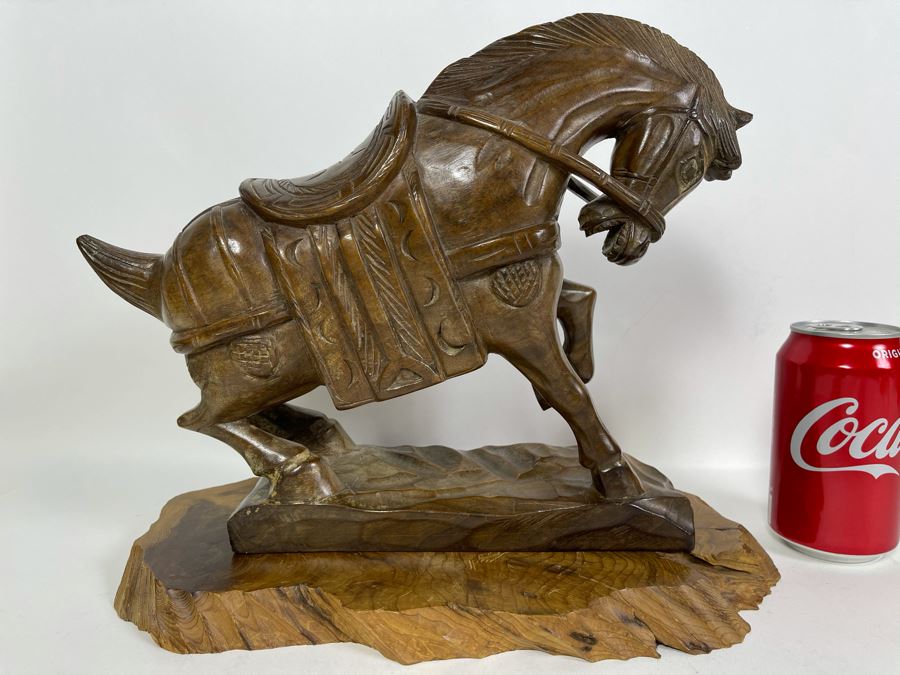 Signed Asian Carved Wooden Horse With Wooden Base 12W X 11H [Photo 2]