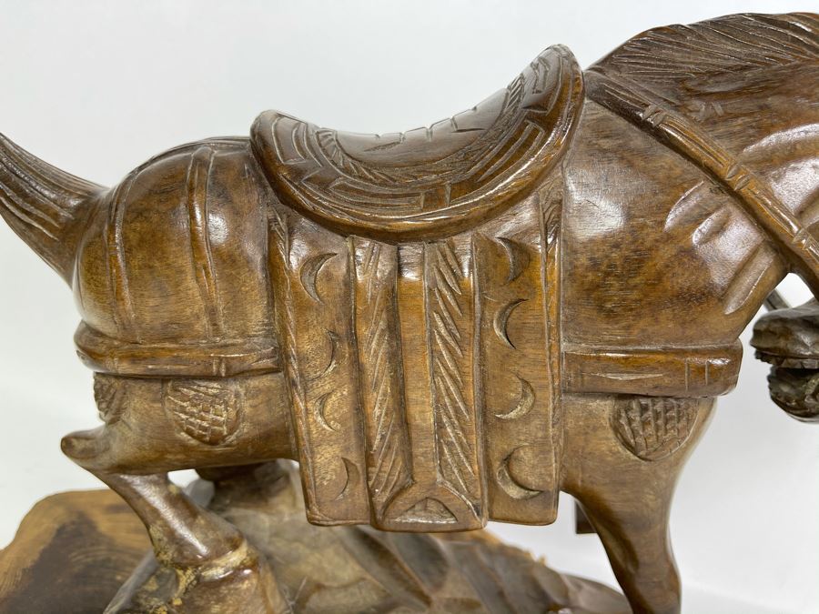 Signed Asian Carved Wooden Horse With Wooden Base 12W X 11H [Photo 4]