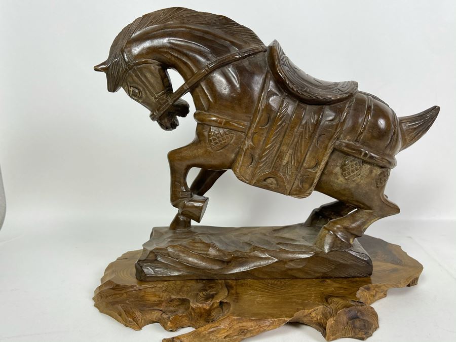 Signed Asian Carved Wooden Horse With Wooden Base 12W X 11H [Photo 8]