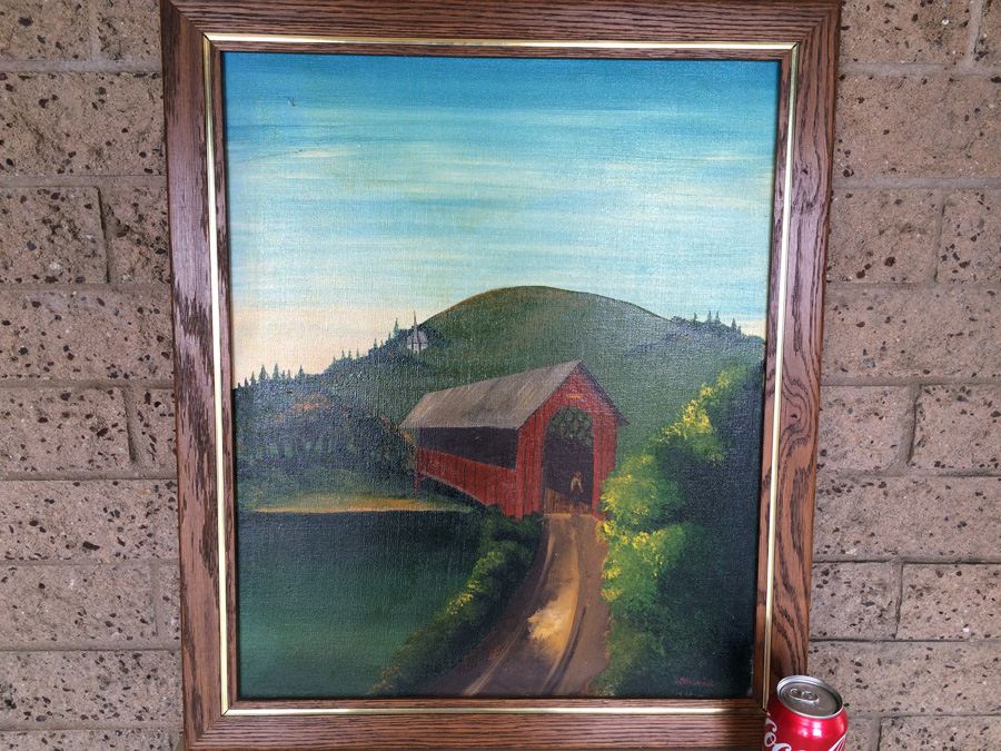 Folk Art Original Oil Painting Covered Bridge - Signed Stanwick?