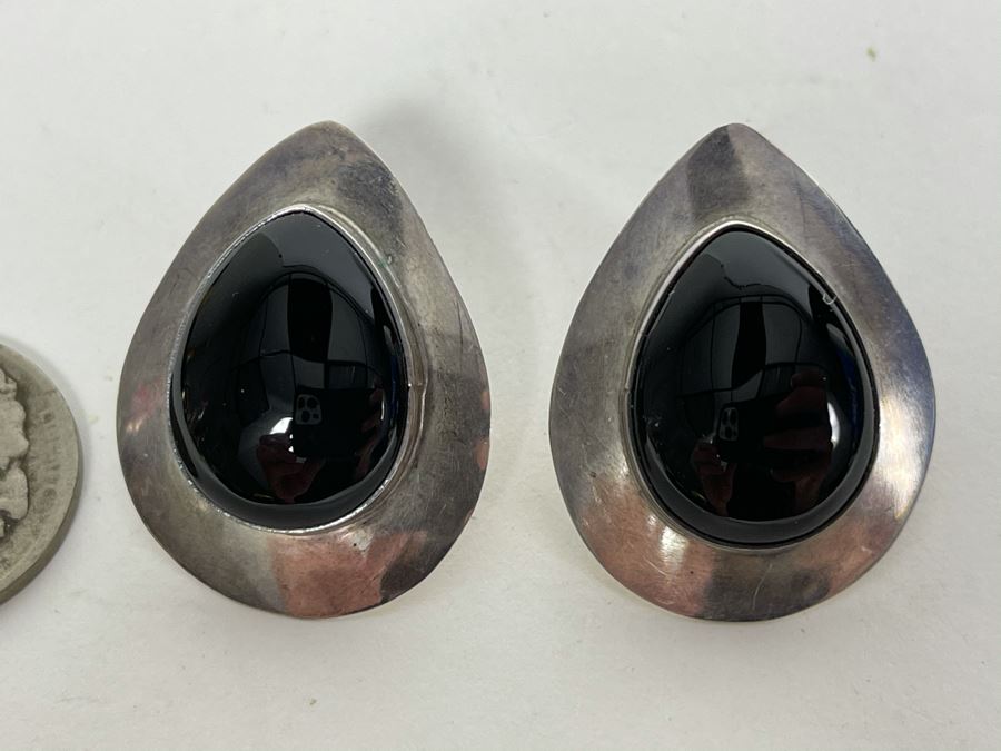 Signed Sterling Silver Onyx Earrings Toledo M 10.1g [Photo 1]