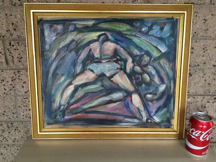 Original Mid-Century Oil Painting of Wrestlers Fighters