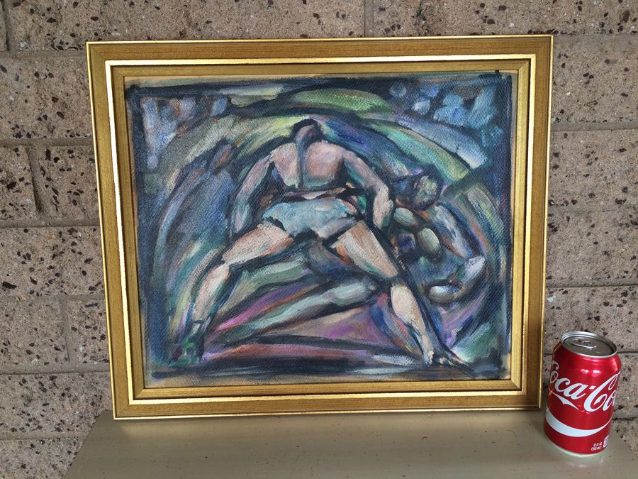 Original Mid-Century Oil Painting of Wrestlers Fighters [Photo 5]