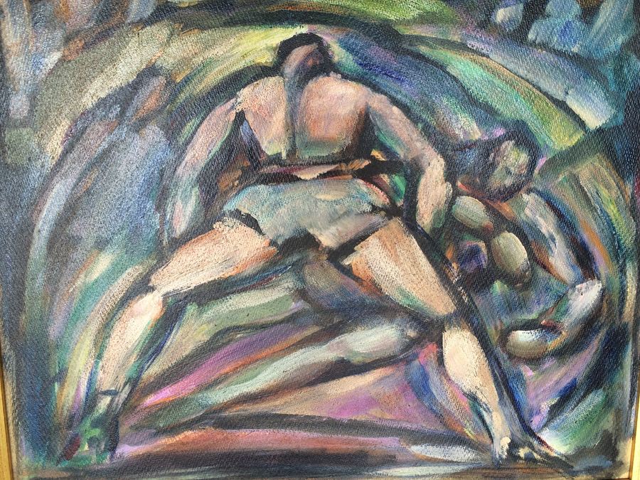 Original Mid-Century Oil Painting of Wrestlers Fighters [Photo 4]