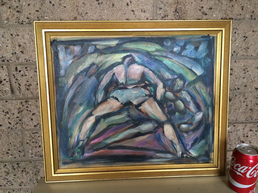 Original Mid-Century Oil Painting of Wrestlers Fighters [Photo 6]