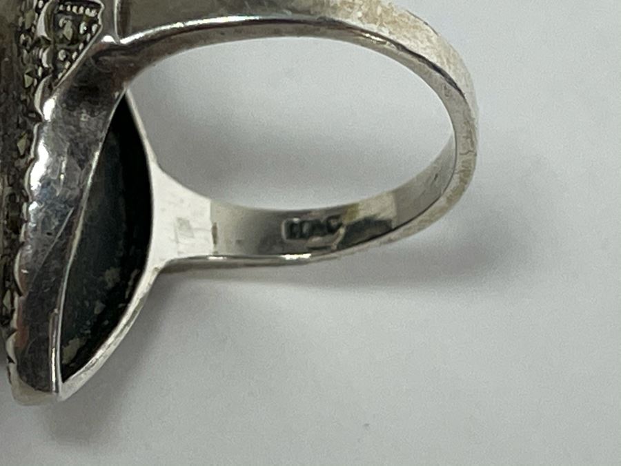 Vintage Sterling Silver, Onyx And Marcasite Ring 5.8g [Photo 9]