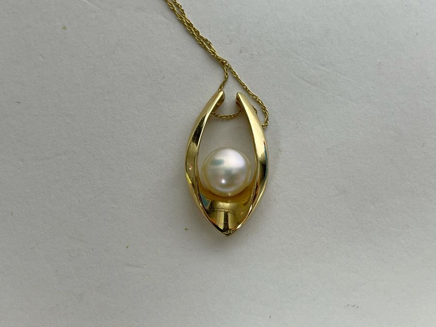 14K Gold Chain 18' Necklace With 14K Gold Pearl Pendant 3.1g [Photo 10]