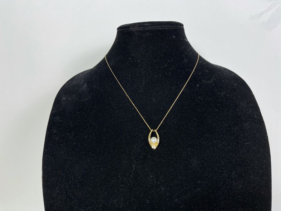 14K Gold Chain 18' Necklace With 14K Gold Pearl Pendant 3.1g [Photo 3]