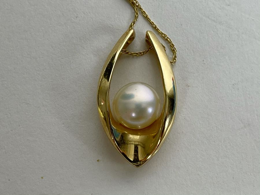 14K Gold Chain 18' Necklace With 14K Gold Pearl Pendant 3.1g [Photo 12]