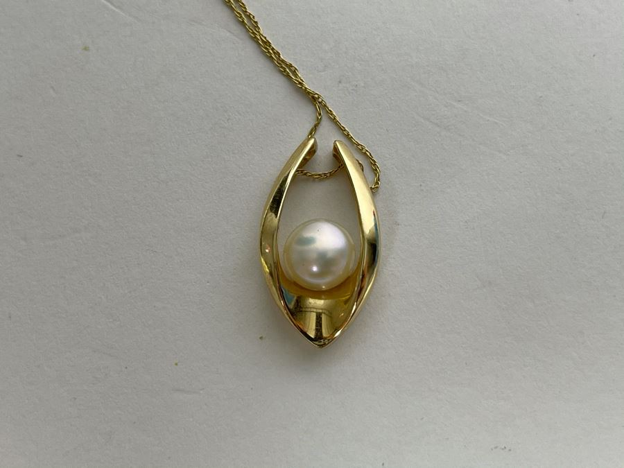 14K Gold Chain 18' Necklace With 14K Gold Pearl Pendant 3.1g [Photo 11]