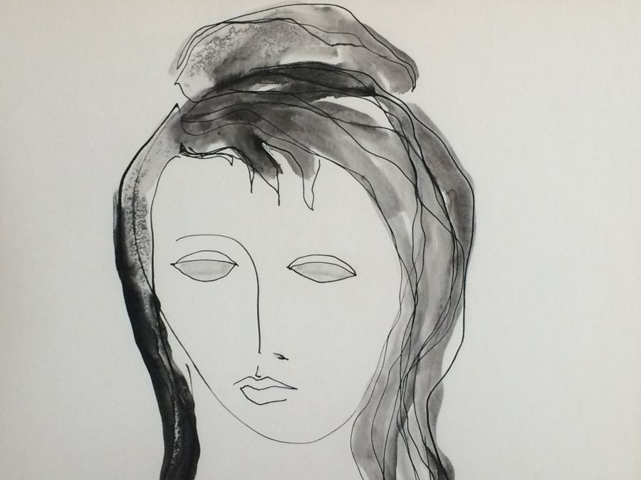Mid-Century Von Kohler Watercolor and Ink Painting Woman [Photo 6]