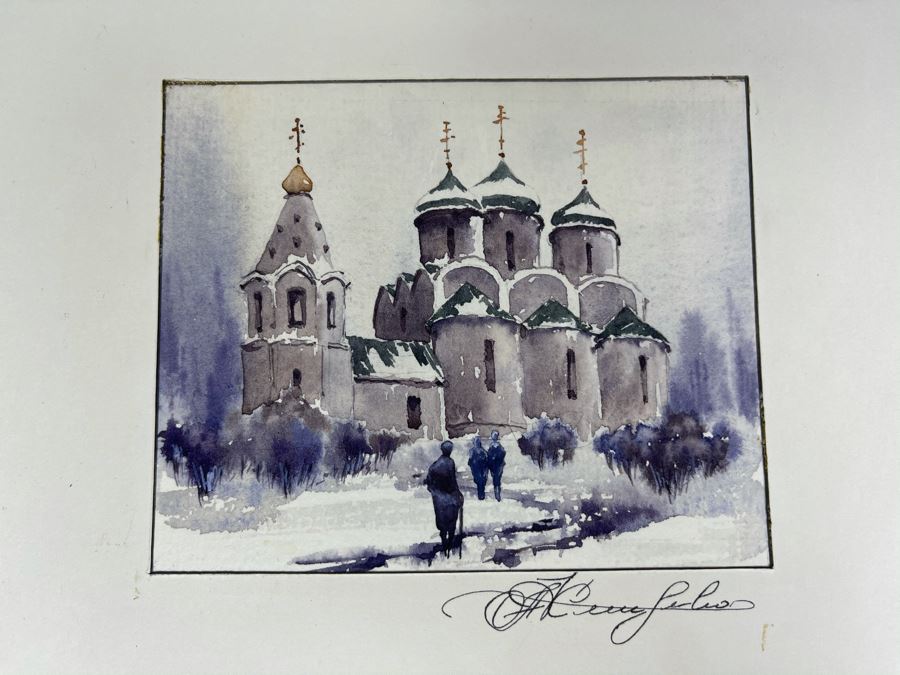 Original Alex Kleschenco Moscow Russian Watercolor Painting Of Pokrov In Suzdal 5' X 4' [Photo 2]