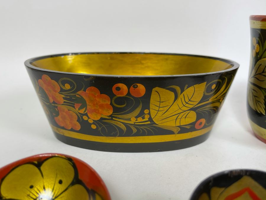 Collection Of Vintage Russian Hand Painted Khokhloma Wooden Spoons, Cups And Bowl [Photo 4]