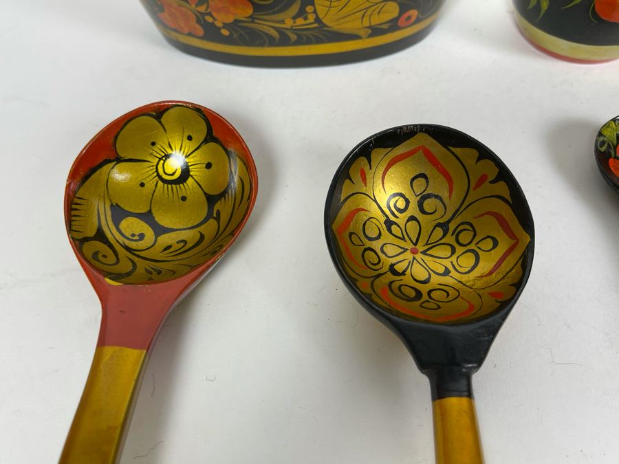 Collection Of Vintage Russian Hand Painted Khokhloma Wooden Spoons, Cups And Bowl [Photo 9]