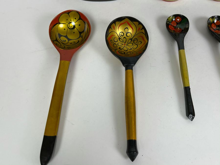 Collection Of Vintage Russian Hand Painted Khokhloma Wooden Spoons, Cups And Bowl [Photo 8]