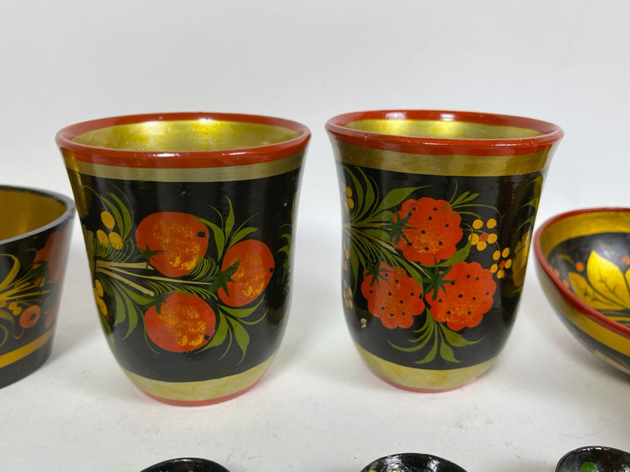 Collection Of Vintage Russian Hand Painted Khokhloma Wooden Spoons, Cups And Bowl [Photo 5]