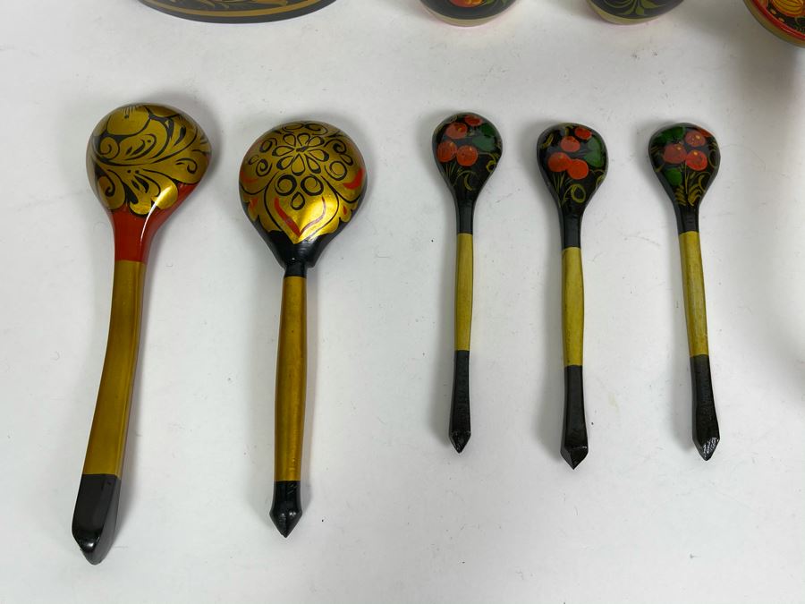 Collection Of Vintage Russian Hand Painted Khokhloma Wooden Spoons, Cups And Bowl [Photo 10]