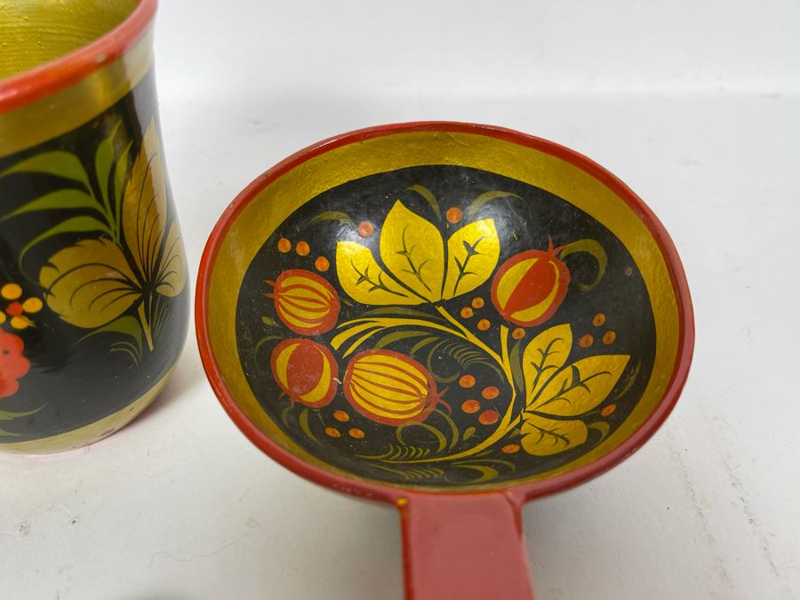 Collection Of Vintage Russian Hand Painted Khokhloma Wooden Spoons, Cups And Bowl [Photo 6]