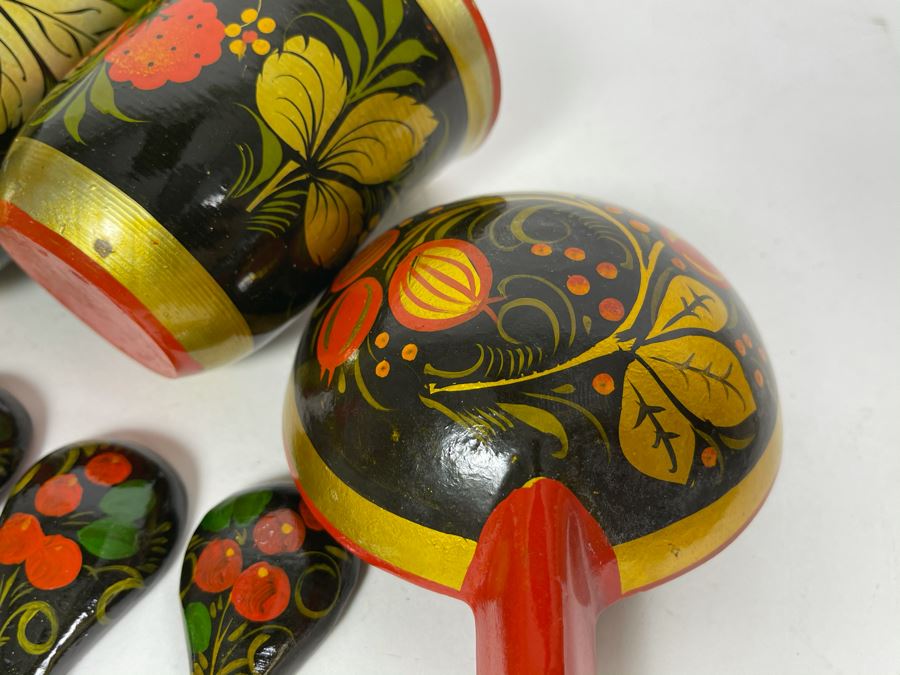 Collection Of Vintage Russian Hand Painted Khokhloma Wooden Spoons, Cups And Bowl [Photo 11]