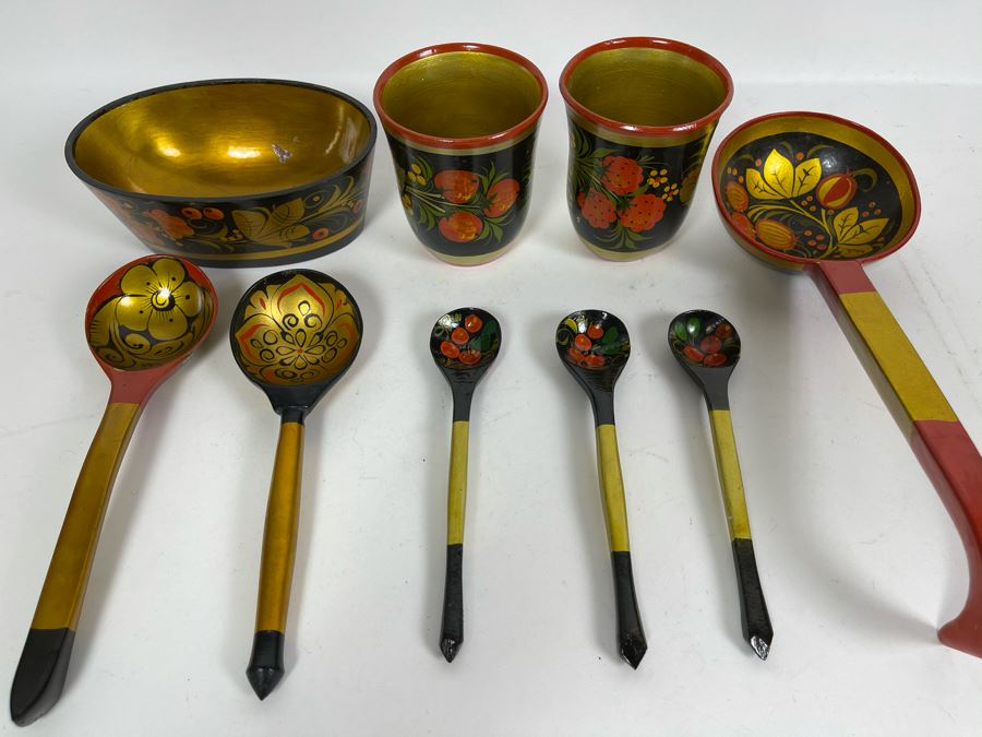 Collection Of Vintage Russian Hand Painted Khokhloma Wooden Spoons, Cups And Bowl [Photo 1]