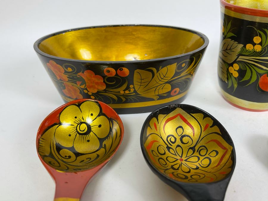 Collection Of Vintage Russian Hand Painted Khokhloma Wooden Spoons, Cups And Bowl [Photo 3]
