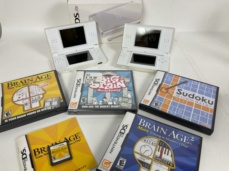 Pair Of Nintendo DS Lites With Various Games Including Brain Age, Sudoku And Sealed Big Brain Academy