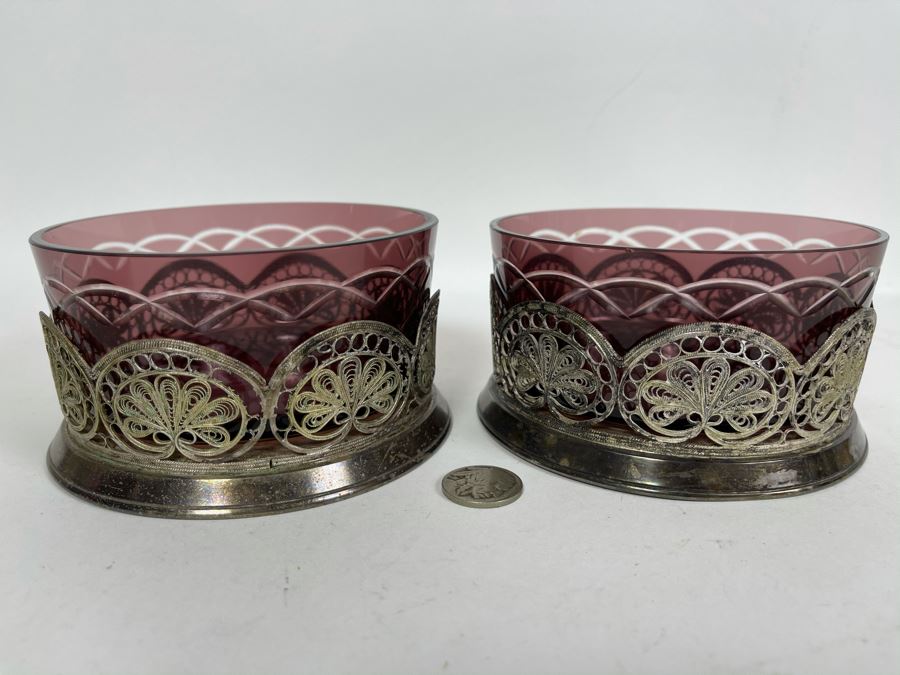 JUST ADDED - Pair Of Glass Cups With Metal Filigree Holders 4.5W