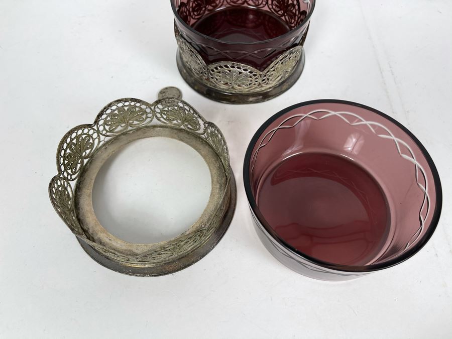 JUST ADDED - Pair Of Glass Cups With Metal Filigree Holders 4.5W [Photo 7]