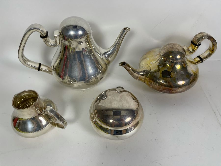 Signed Japanese Modernist Heavy Silver Plated Coffee Pot, Teapot, Creamer And Sugar Service [Photo 5]