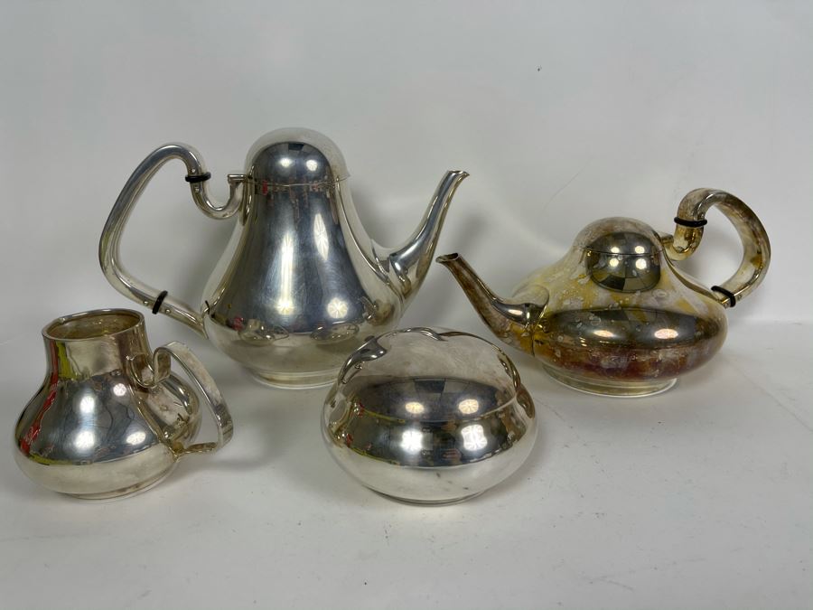 Signed Japanese Modernist Heavy Silver Plated Coffee Pot, Teapot, Creamer And Sugar Service [Photo 4]