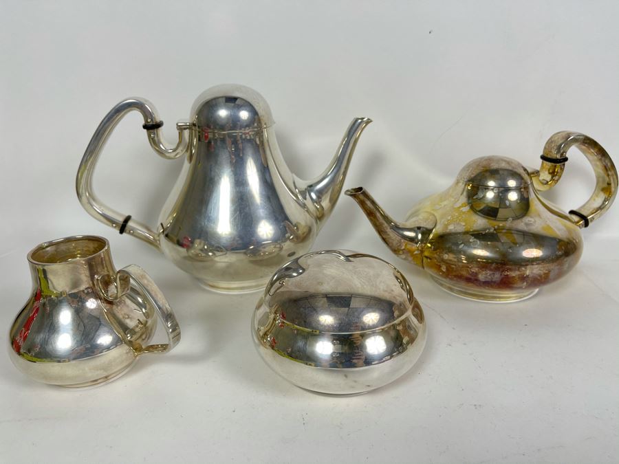 Signed Japanese Modernist Heavy Silver Plated Coffee Pot, Teapot, Creamer And Sugar Service