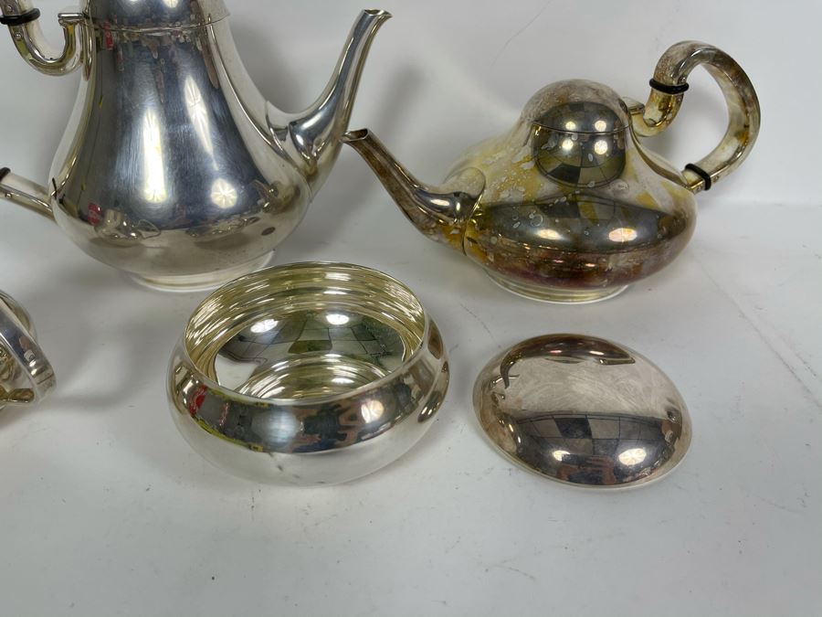 Signed Japanese Modernist Heavy Silver Plated Coffee Pot, Teapot, Creamer And Sugar Service [Photo 6]