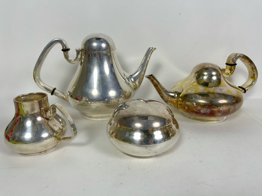 Signed Japanese Modernist Heavy Silver Plated Coffee Pot, Teapot, Creamer And Sugar Service [Photo 3]