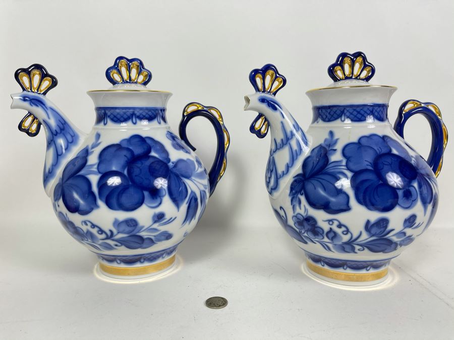 Pair Of Hand Painted Russian Teapots Blue, White And Gold 10H X 10W